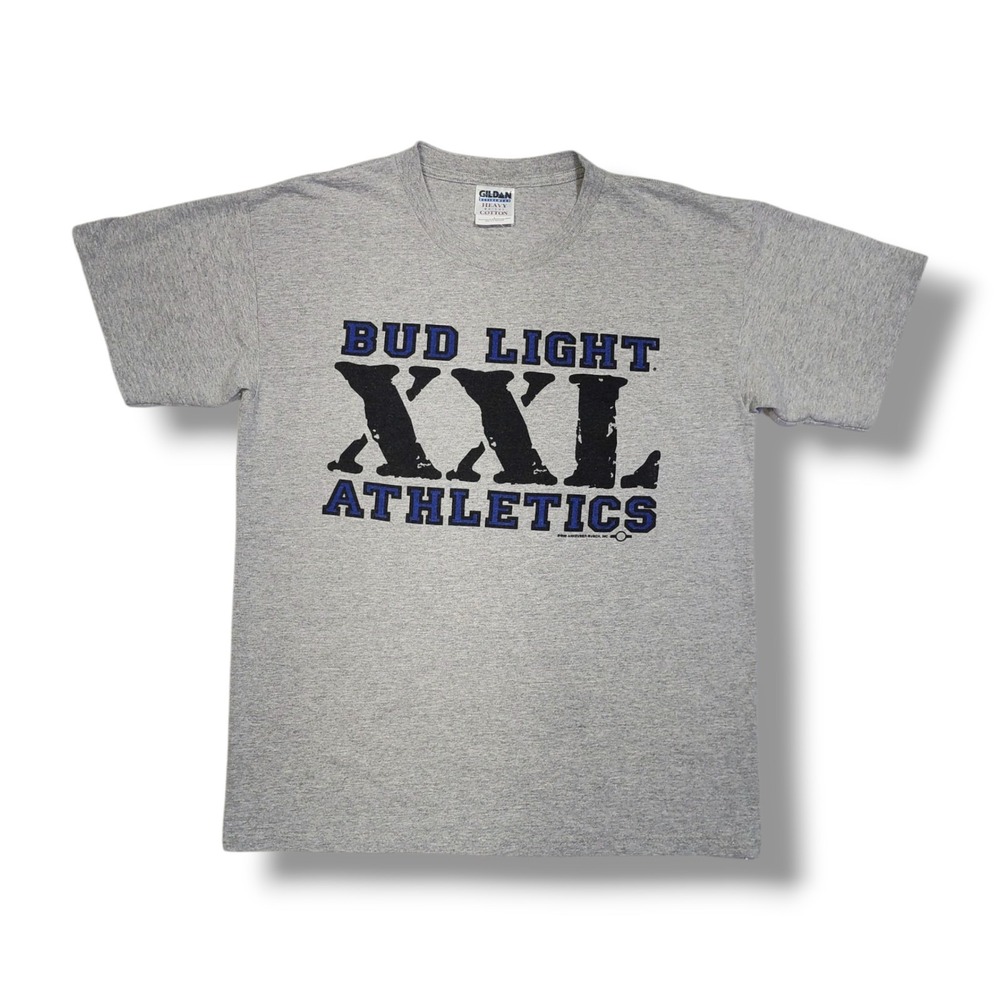 Vintage 1996 Bud Light XXL Athletics Graphic‎ Heathered Gray T-Shirt Men's L